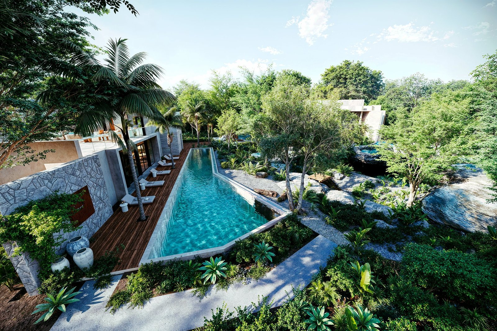 Manilka pool and lounge surrounded by jungle