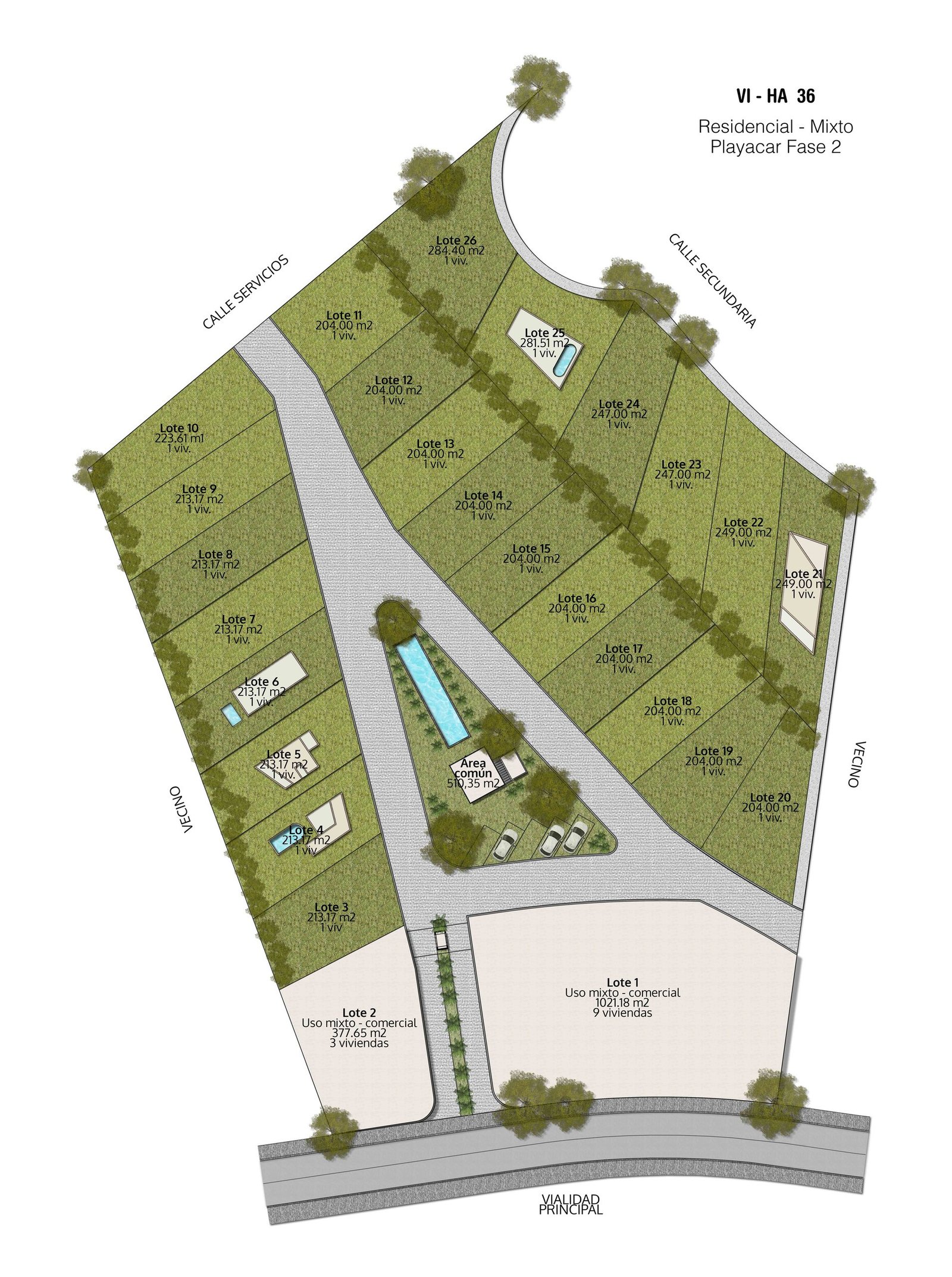 Vi-Ha 36 site plan with lots around a central pool and garden