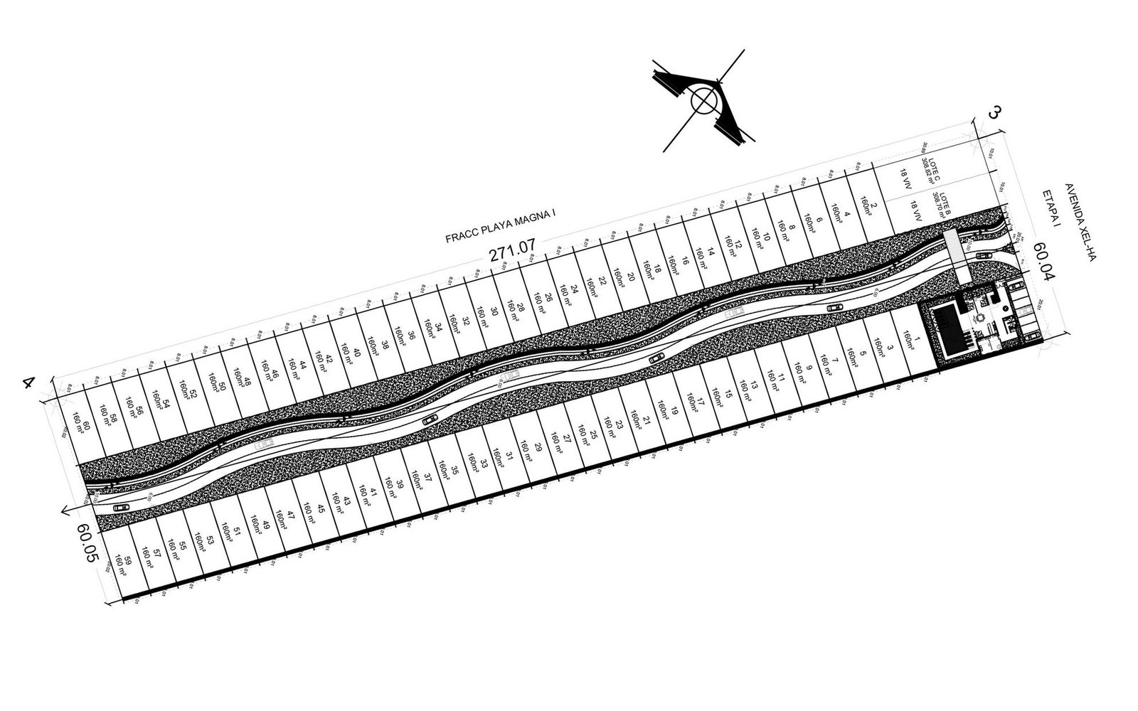 Via Arbolada master plan showing 60 lots along a central garden boulevard