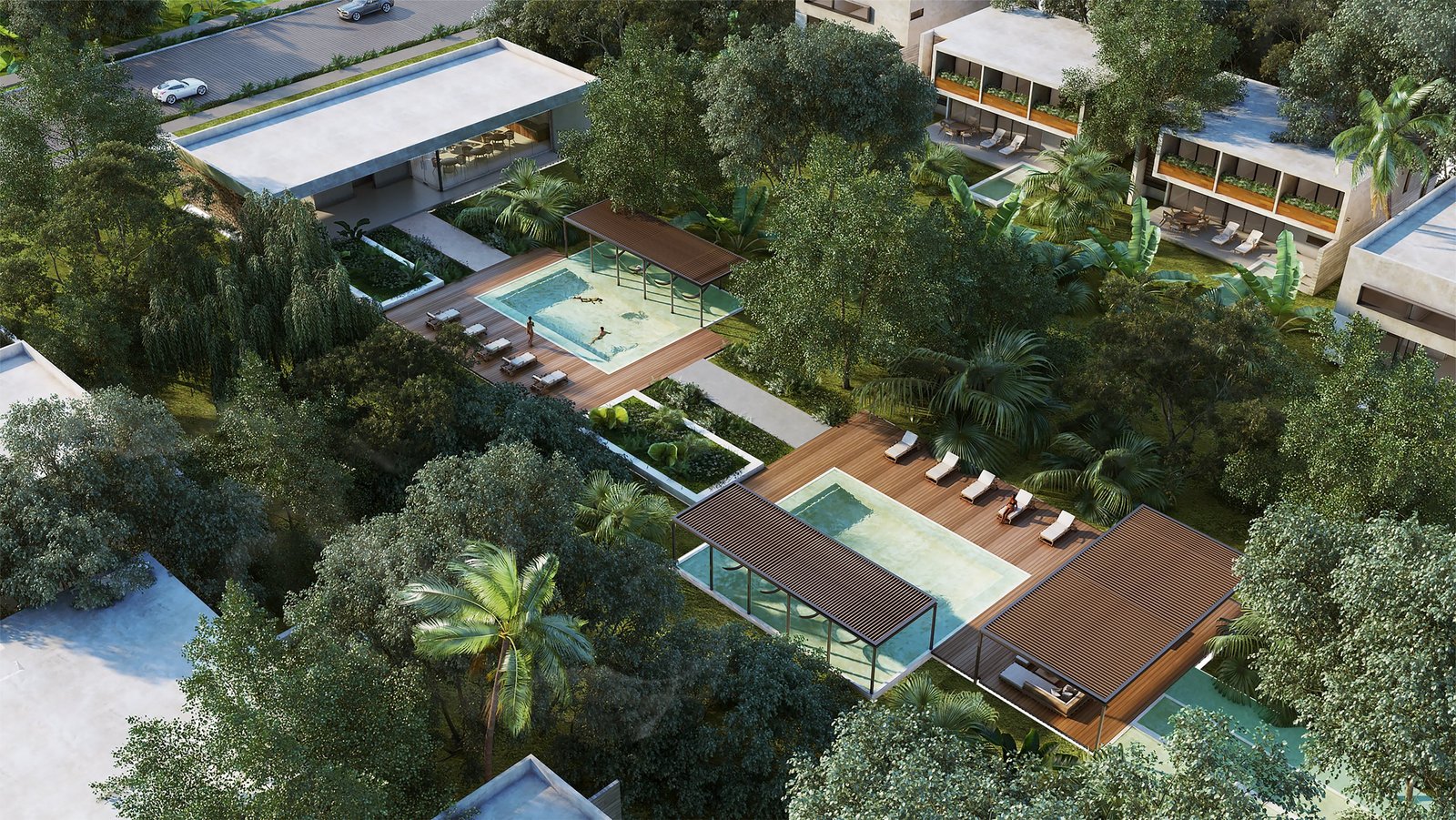 Arrecife social club at Xpu-Ha Beach, aerial render