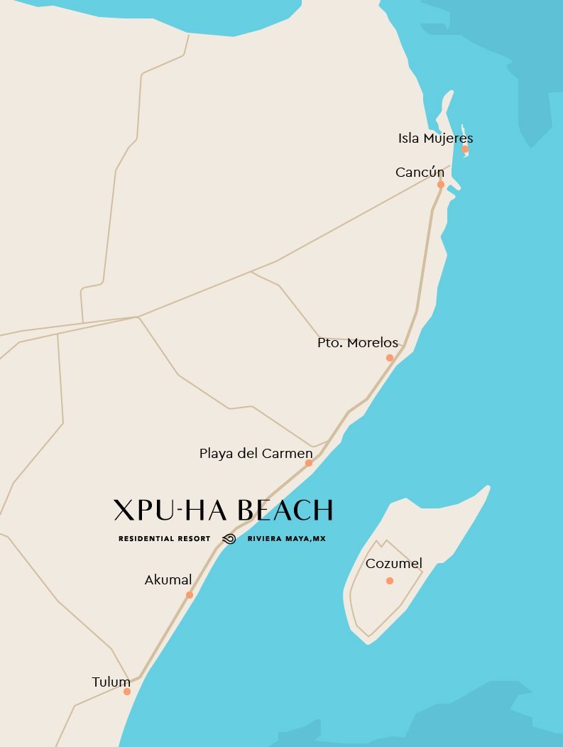 Xpu-Ha Beach location map between Playa del Carmen and Tulum
