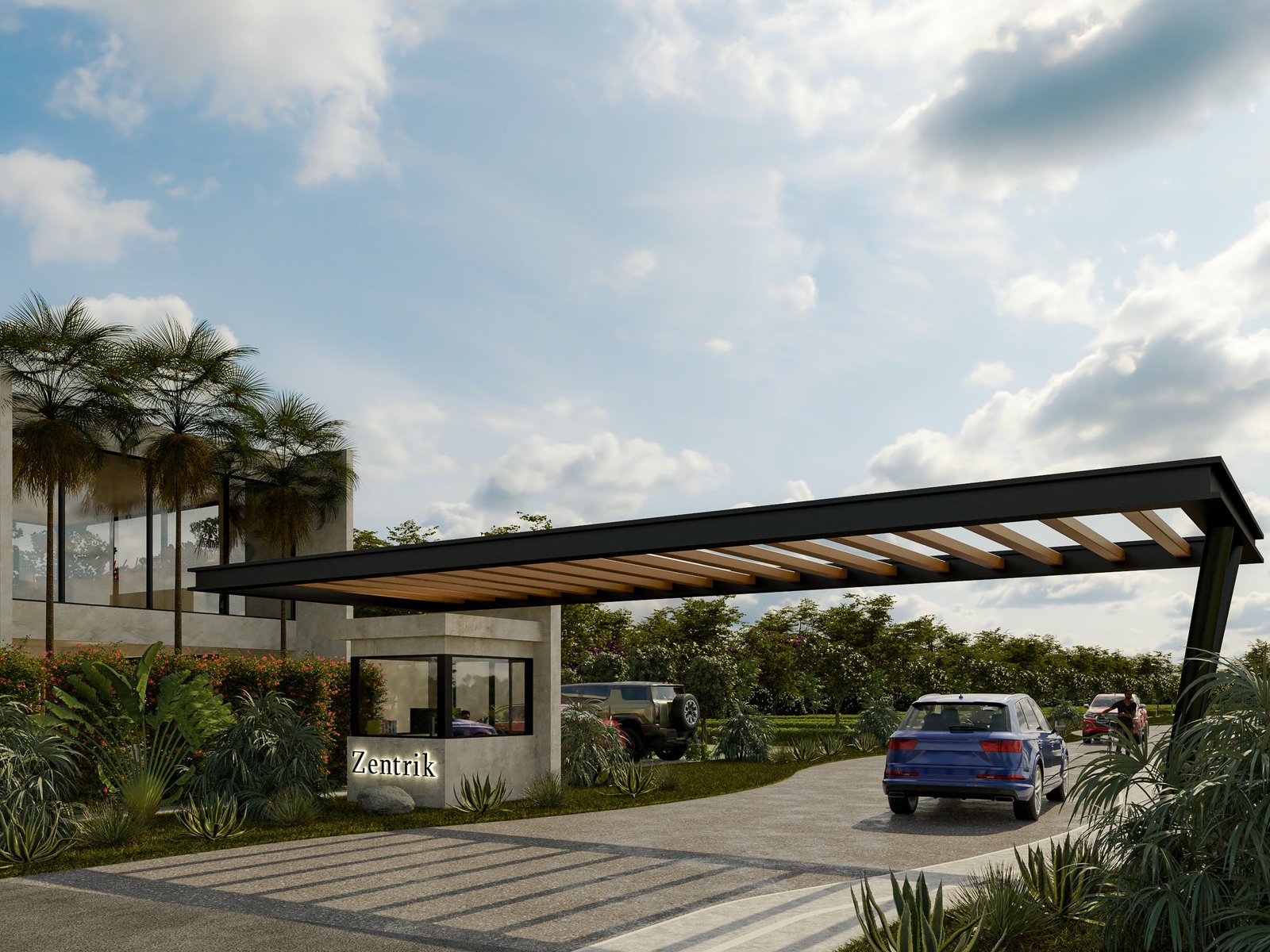 Zentrik gated entrance with guard house and landscaping, render